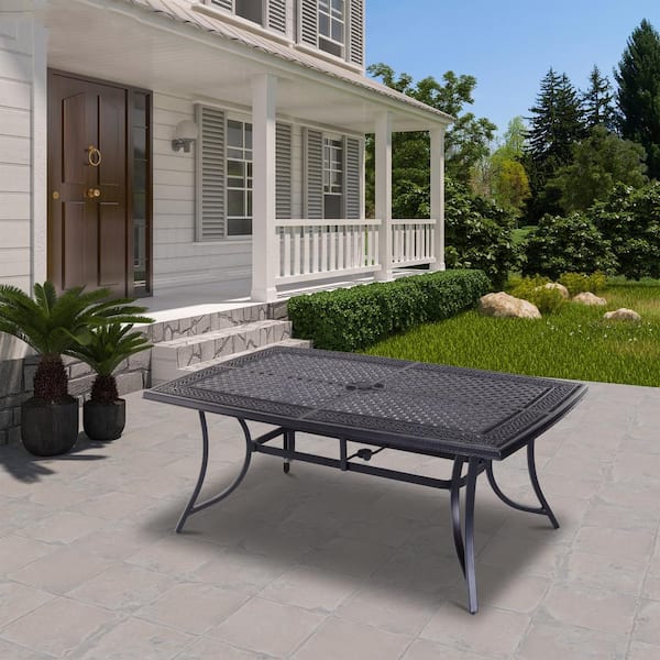 72 patio table with umbrella hole Forever Chalfonte 72′′ Rectangle Dining by NorthCape International Woodard Transform your backyard space to an enjoyable spot at your home with the Woodard Premium Mesh Top Oval Umbrella Dining Table 41.7 in. Round Metal Outdoor