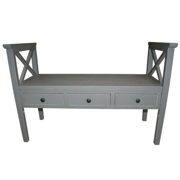 Worldwide Homefurnishings Wood Bench with 3-Drawers in Distressed Grey