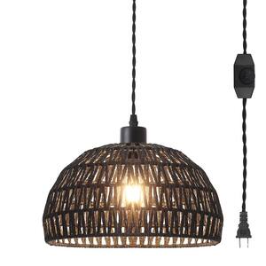 Derica 1-Light Black Plug-In Woven Rattan Dome Boho Pendant Light with Hand-Woven Rattan Shade with 14.76 ft. Cord