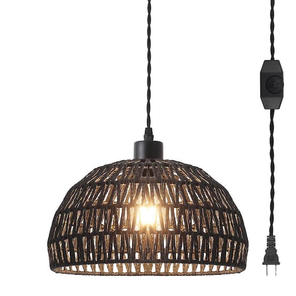 LWYTJO Derica 1-Light Black Plug-In Woven Rattan Dome Boho Pendant Light with Hand-Woven Rattan Shade with 14.76 ft. Cord