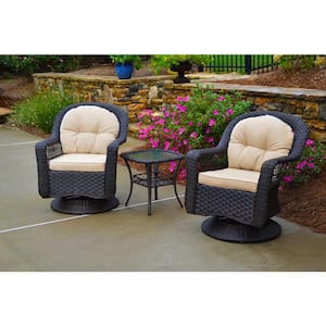 Biloxi 3-Piece Espresso Wicker Outdoor Glider with Tan Cushions Bistro Set (2 Swivel Chairs and Bistro Table)