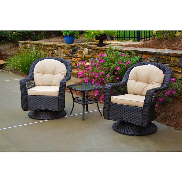 Tortuga Outdoor Biloxi 3-Piece Espresso Wicker Outdoor Glider with Tan Cushions Bistro Set (2 Swivel Chairs and Bistro Table)