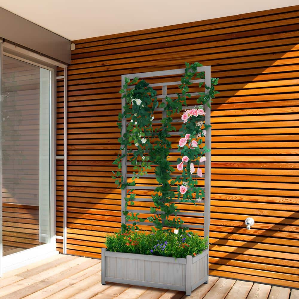Grey Solid Wood Outdoor Raised Garden Bed with Trellis
