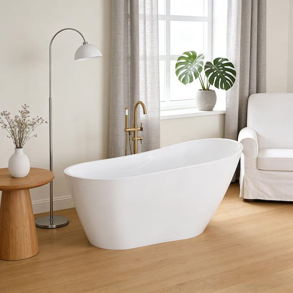 59.06 in. x 29.53 in. Glossy White Acrylic Freestanding Soaking Bathtub with Chrome Reversible Drain