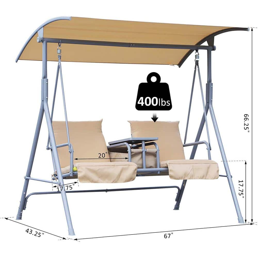Beige Metal 2-Person Outdoor Swing with Canopy and Storage