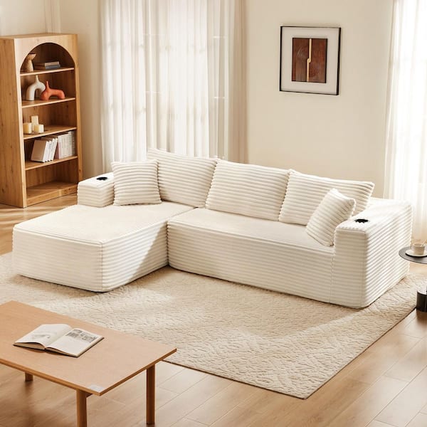104.3 in. Square Arm Polyester L-Shaped Full Foam Modular Sectional Sofa in. Beige with Cupholders, No Assembly