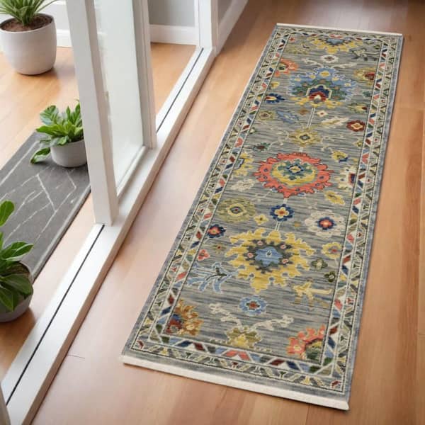 HomeRoots 2 X 6 Gray, Blue, Green Oriental Washable Area Rug