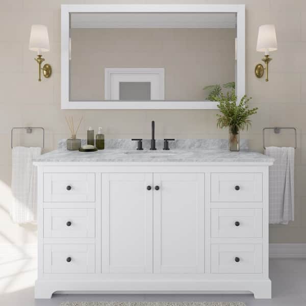 Wyndham Collection Avery 60 in. W x 22 in. D x 35 in. H Single Bath Vanity in White with White Carrara Marble Top