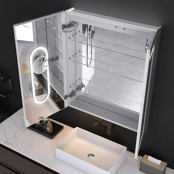 30 in. W x 36 in. H Rectangular Silver Aluminum Recessed/Surface Mount Medicine Cabinet with Mirror and LED