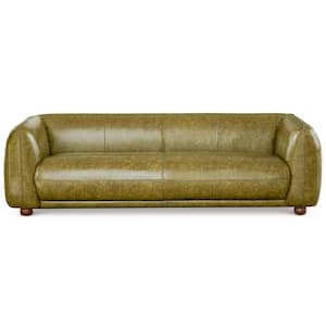 Maylo 87 in. W Round Arm Mid Century Modern Luxury Rectangle Italian Leather Couch in Green