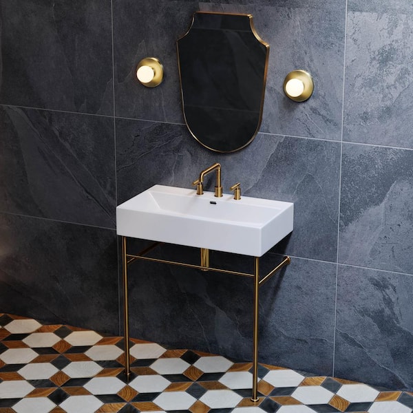 Swiss Madison Claire Ceramic White Console Sink With 30 in. W and Brushed Gold Legs and 8 in. Widespread Faucet Holes
