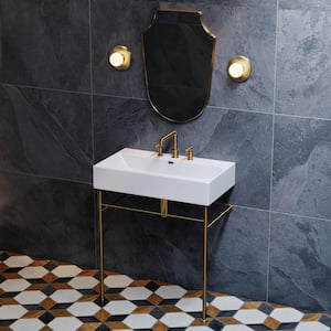 Claire Ceramic White Console Sink With 30 in. W and Brushed Gold Legs and 8 in. Widespread Faucet Holes