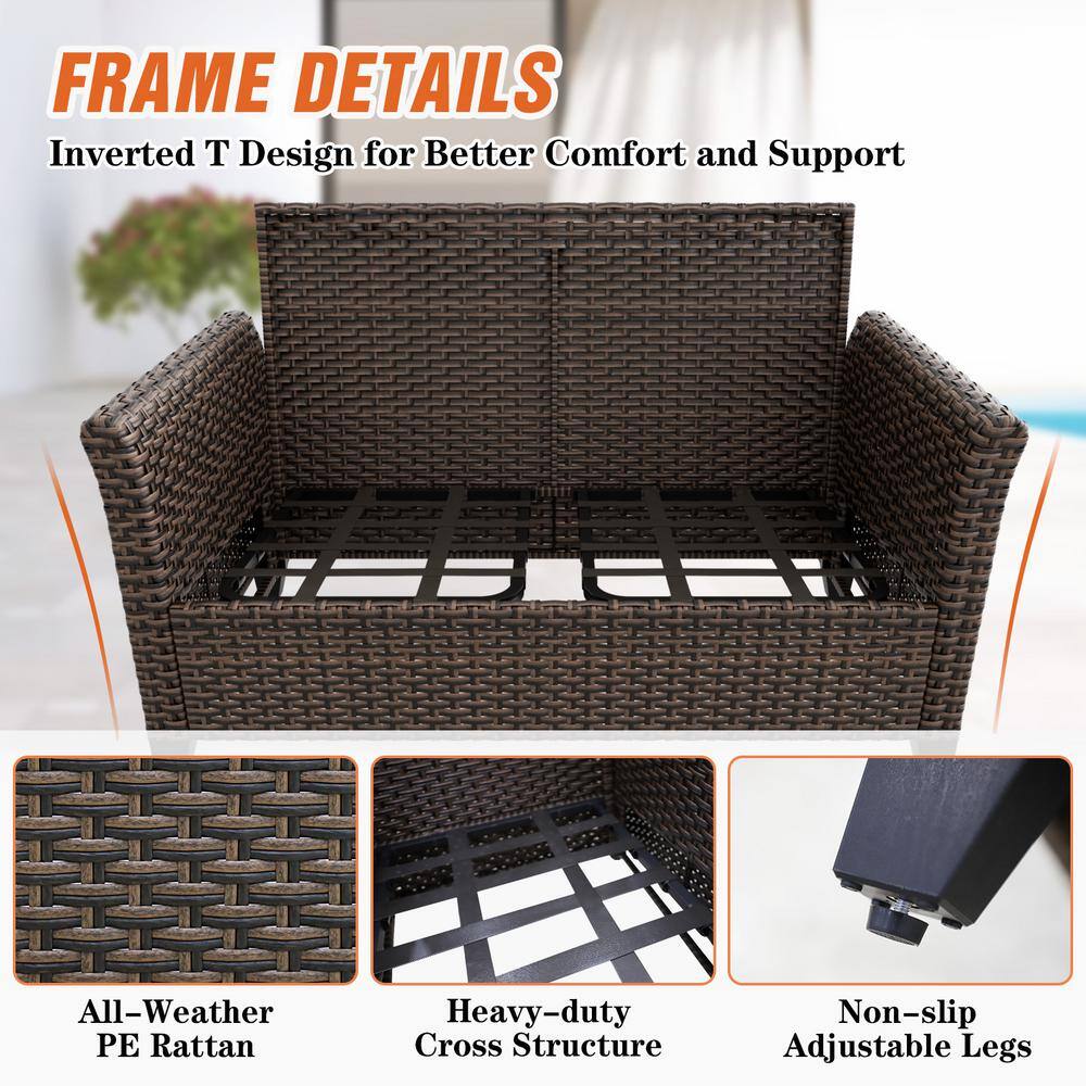 Powder Coated Black Steel Two-Seater Wicker Loveseat with Blue Cushions