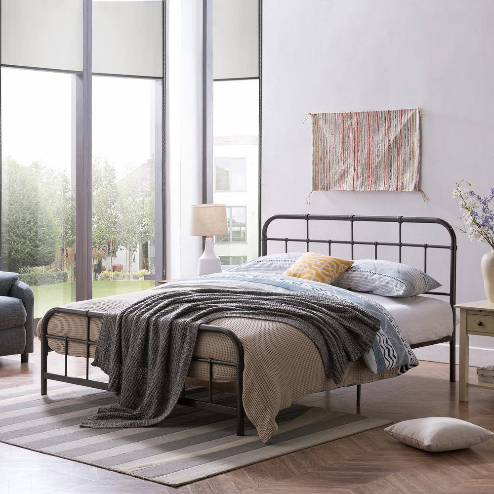 Charcoal Gray Industrial Queen Iron Bed Frame with Upholstered Headboard