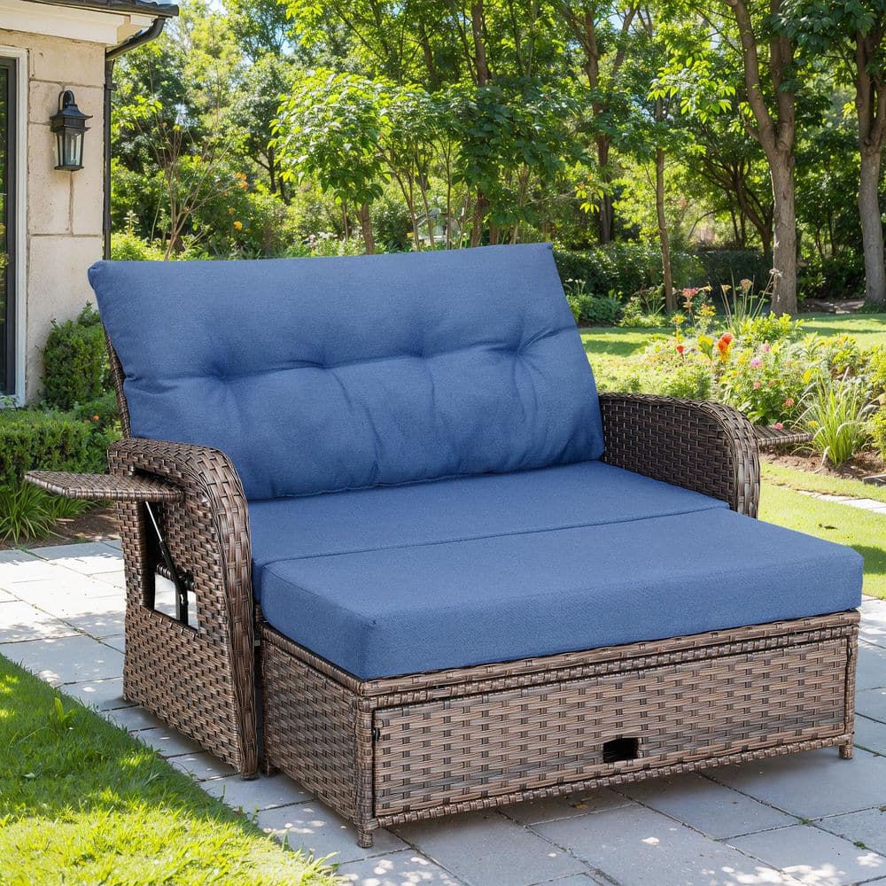Brown Wicker Outdoor Sofa Day Bed Loveseat Sun Lounger for Backyard Porch with Cozy Cushion Guard Blue Cushions price history on PriceWatchPro