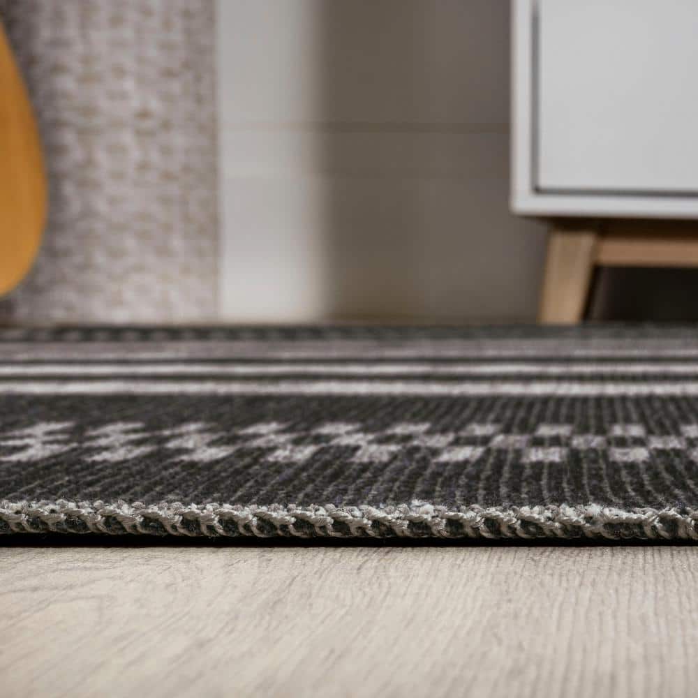 Ivory and Black Striped Synthetic Washable Area Rug