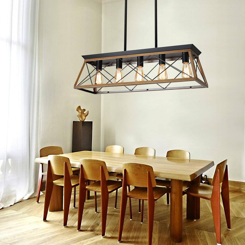 Walnut and Black Rectangular Cage Pendant Light