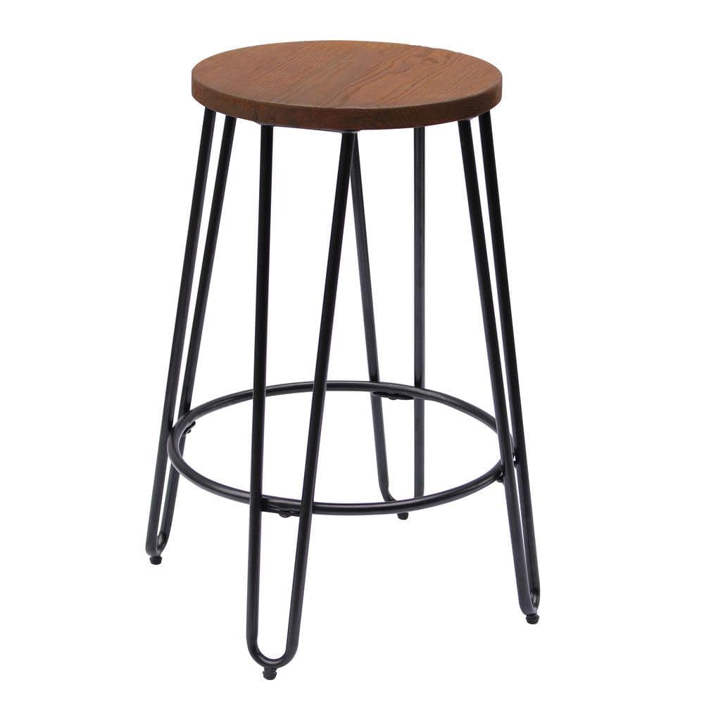Industrial Black Steel and Wood 24" Backless Counter Stool