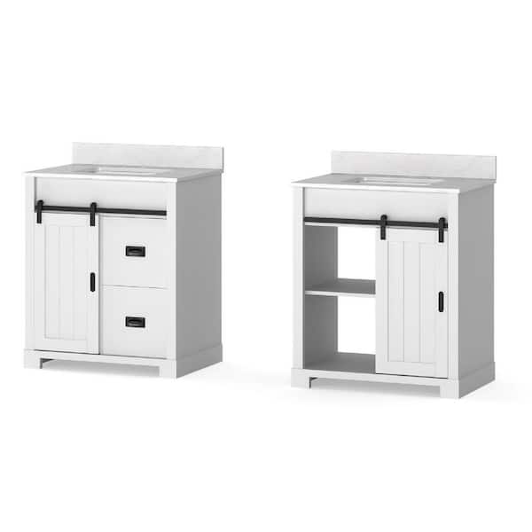 Photo 1 of Brindley 30 in.W x 21 in. D x 34.5 H Barn Door Bath Vanity in White with Engineered Stone Top