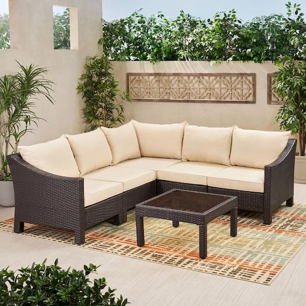 Le House Antibes 6 Piece Outdoor Wicker Sectional Sofa Set In Brown