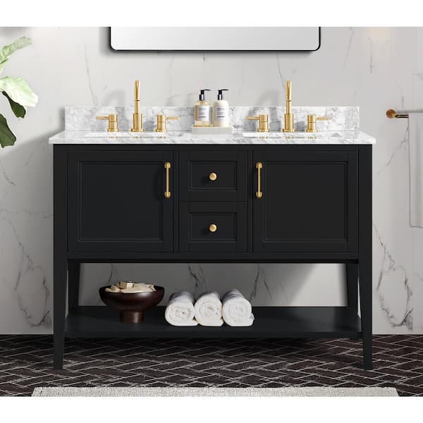 Home Decorators Collection Sherway 49 in W x 22 in D x 35 in H Double Sink Freestanding Bath Vanity in Black With White Carrara Marble Top