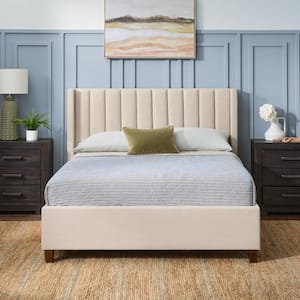 Adele Light Brown Oat Upholstered California King Platform Bed Frame with a Vertical Channel Tufted Wingback Headboard