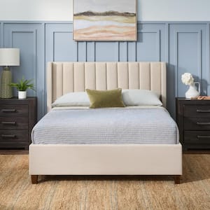 Adele Light Brown Oat Upholstered Queen Platform Bed Frame with a Vertical Channel Tufted Wingback Headboard