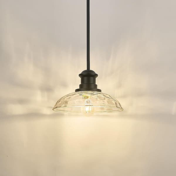 Modern 1 Light Matte Black Pendant Light with Hammered Glass Shade, No Bulbs Included