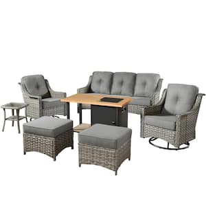 Denver 7-Piece Wicker Outdoor Patio Conversation Sofa Set with Swivel Chairs, a Storage Fire Pit and Dark Grey Cushions