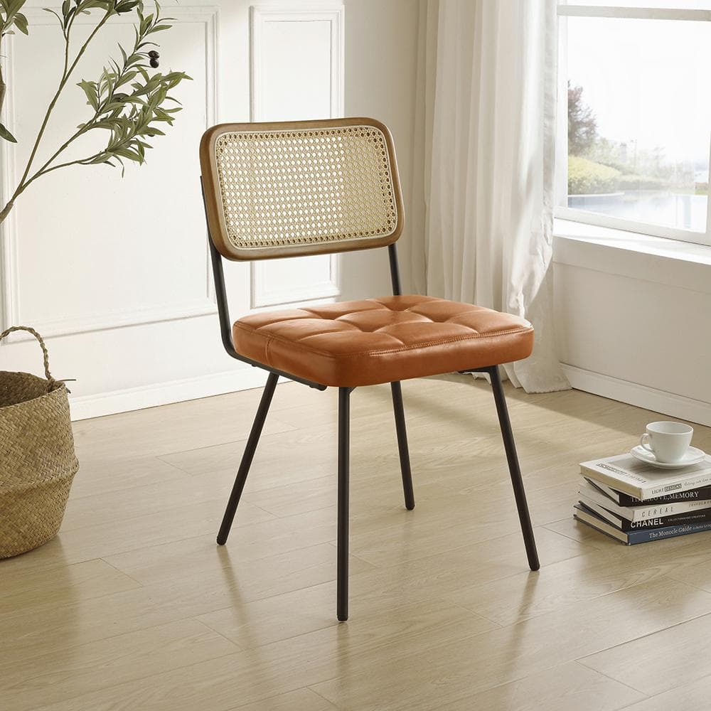 Yellow Brown Faux Leather Upholstered Rattan Cane Side Chair Set