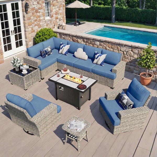 Torino 10-Piece Wicker Outdoor Patio Conversation Sofa Sectional Chairs Set with Metal Fire Pit and Denim Blue Cushions