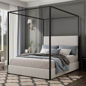 新品head board TALENT 154 Polibi Beige/Gold Wood Frame Queen Canopy Bed with Tall Corduroy