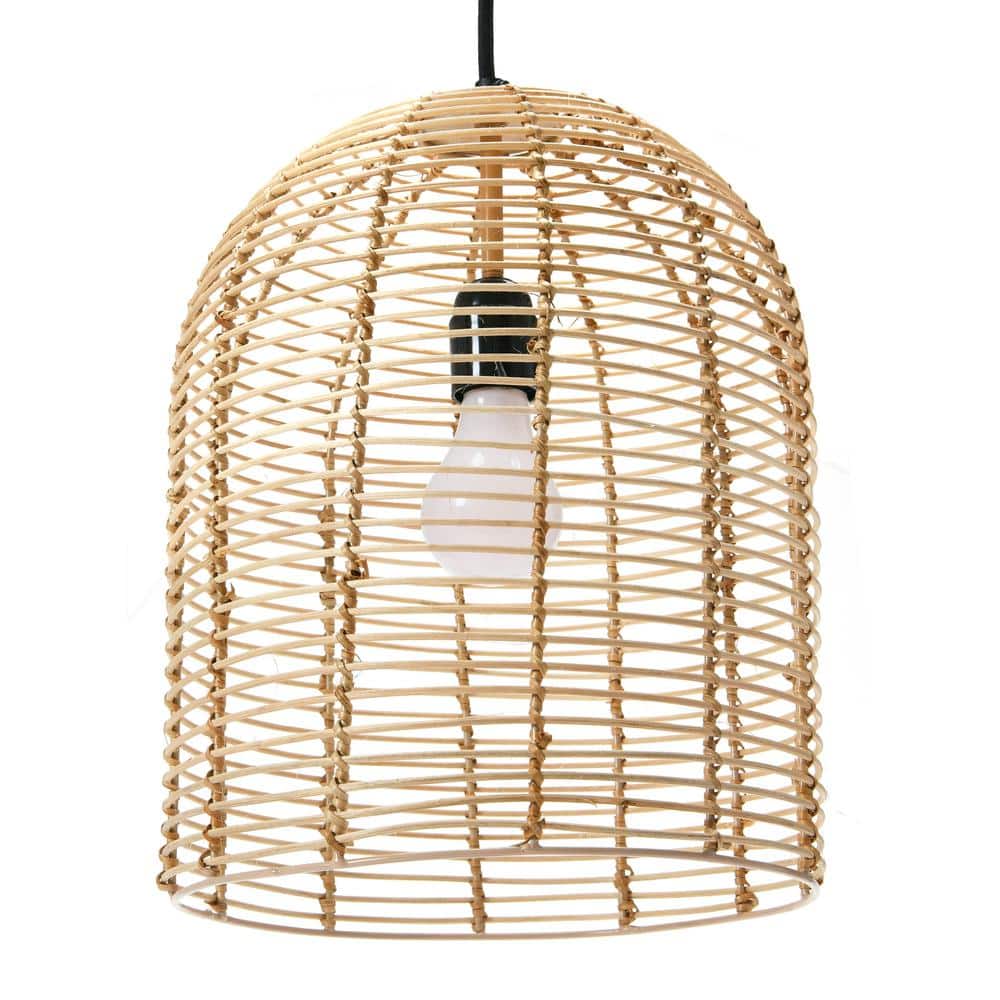 14.5" Brown LED Farmhouse Rattan Bowl Pendant Light