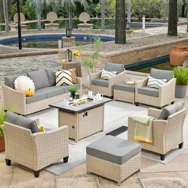 HOOOWOOO Oconee Beige 8-Piece Wicker Outdoor Rectangular Fire Pit Patio Conversation Sofa Seating Set with Dark Gray Cushions