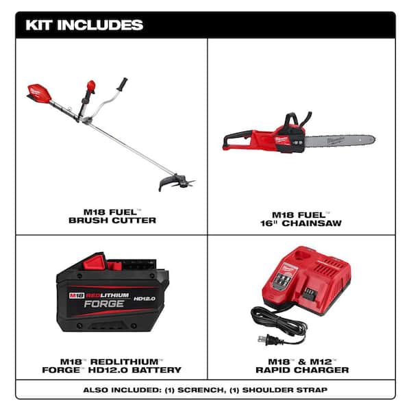 M18 FUEL 18V Lithium-Ion Brushless Cordless Brush Cutter w/M18 FUEL 16 in. Chainsaw 12.0 Ah Battery Charger (2-Tool)