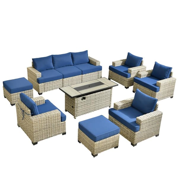 Taylor 10-Piece Wicker Patio Rectangular Fire Pit Set with Navy Blue Cushions