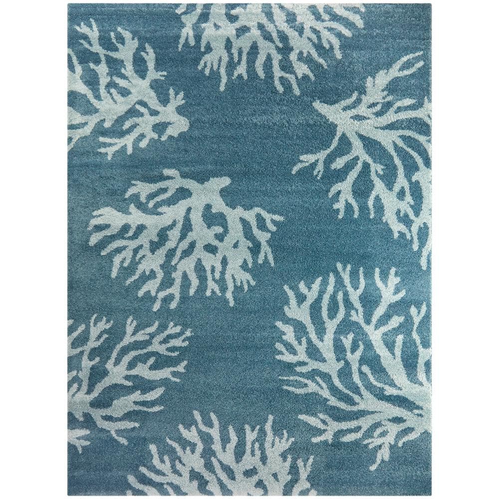 Blue Coral Print Reversible Synthetic Area Rug 5' x 7'