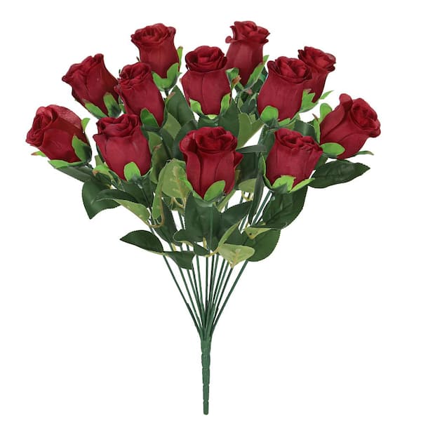 LIVING LUXURY 19.5 in. Burgundy Artificial Rose Bud Flower Stem Bush Bouquet (Set of 2)