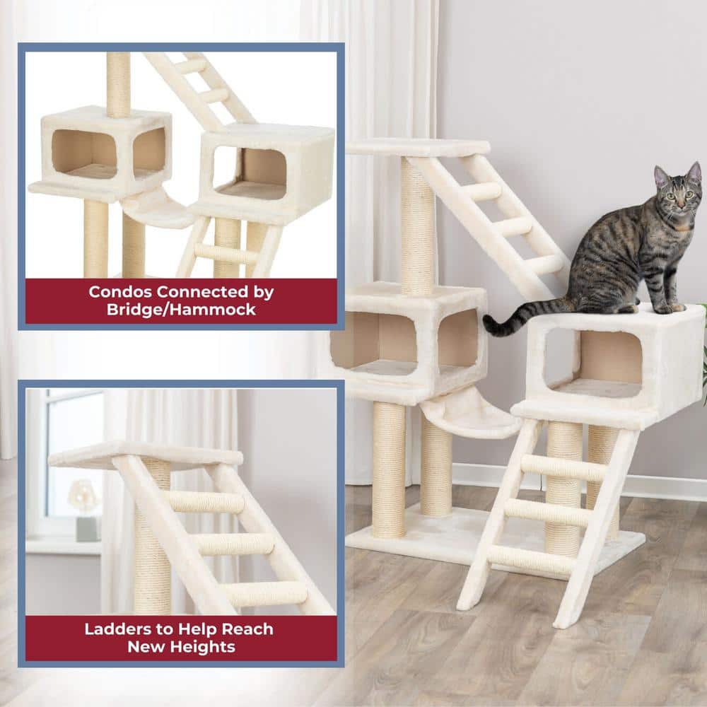Beige Sisal 3-Level Cat Tree with Hammock and Condos