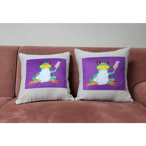 Papa Frog 16 in. x 16 in. Set of 2 Square Linen and Viscose Decor Throw Pillow Covers