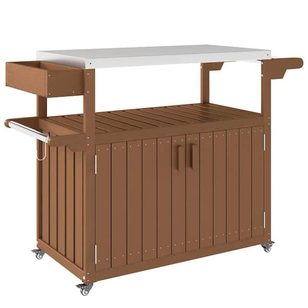 Stainless Steel Top Kitchen Island, Plastic Outdoor Bar Table, Outdoor Bar Cart with Storage Cabinet, Brown