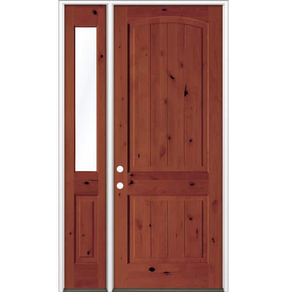 50 in. x 96 in. Knotty Alder Arch Top Right-Hand/Inswing Clear Glass BEHR Amaretto Stain Wood Prehung Front Door w/ LHSL