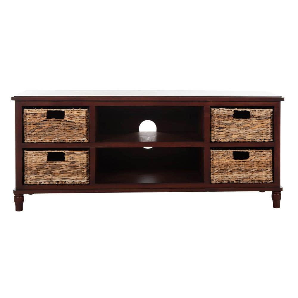 White Transitional Wood Entertainment Unit with Rattan Baskets