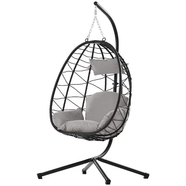 Unbranded Metal Patio Swing Hanging Egg Chair with Stand, Rattan Wicker Patio Chair with Light Gray Cushion and Headrest