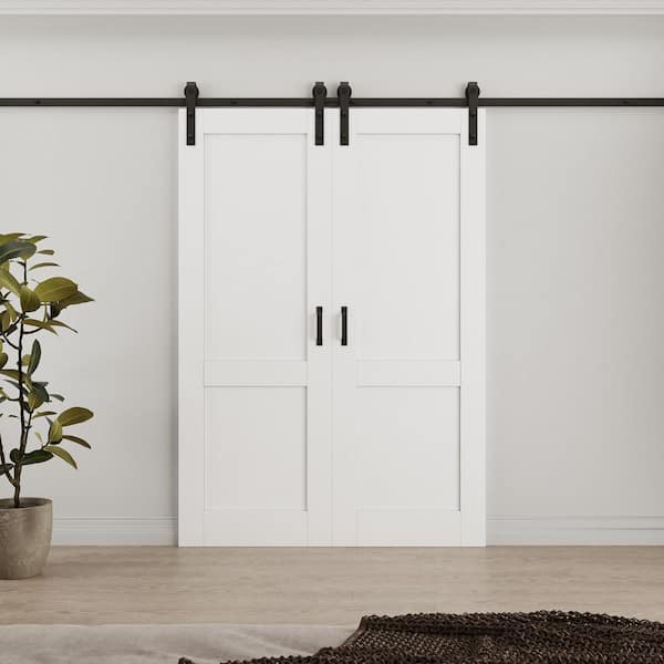48 in. x 80 in. (Double 24 in.) Paneled 2 Lite White Primed Solid Core MDF Sliding Barn Door with Hardware Kit