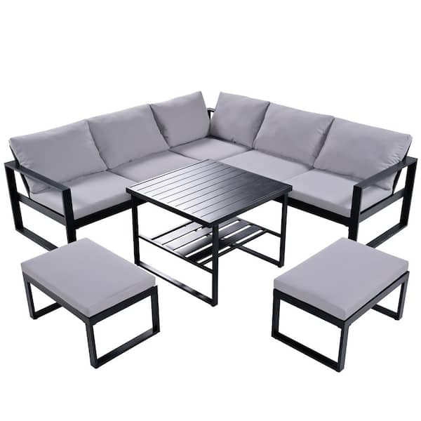 Polibi Black Frame 6-Pieces Metal Patio Sofa Conversation Set with Gray Cushion