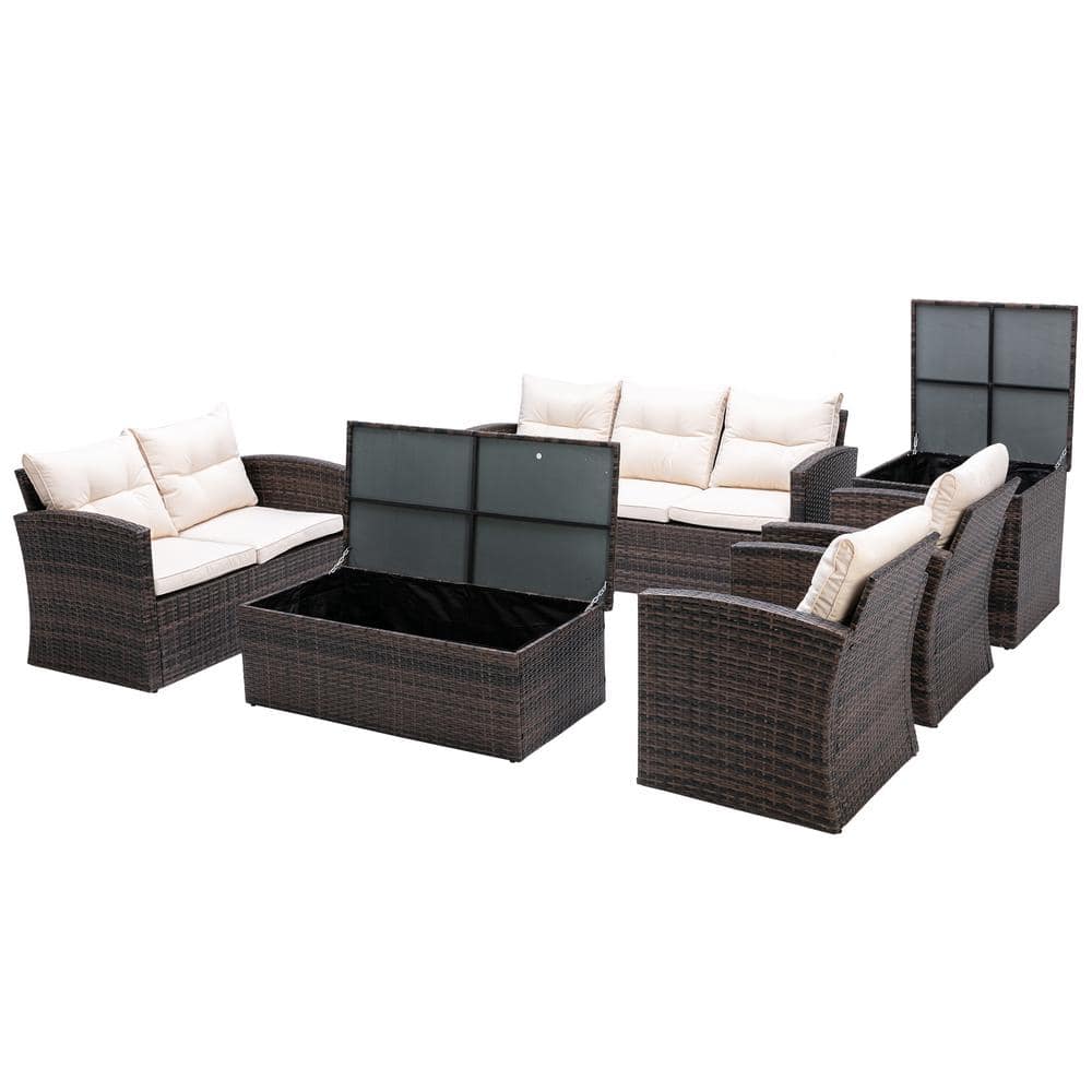 6-Piece Wicker Patio Conversation Set with Beige Cushions