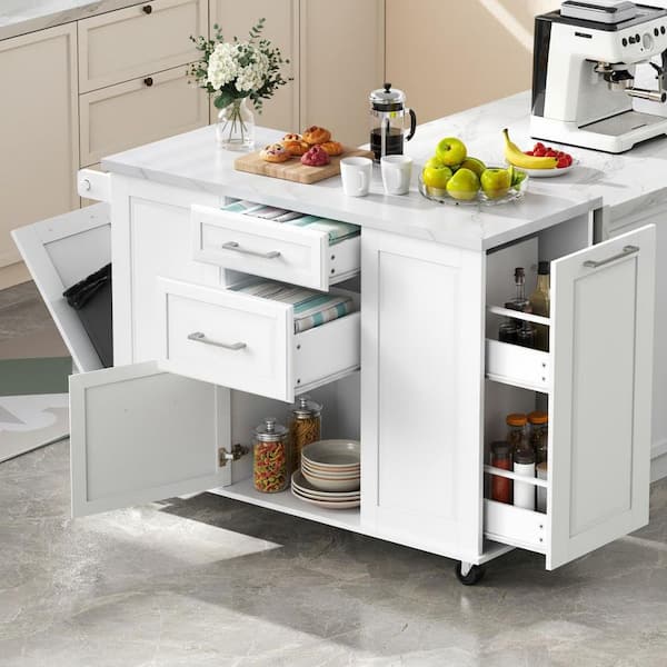 Runesay Classic White Wood 50.7 in. Drop Leaf Kitchen Island with Storage Tilt Trash Can Cabinet and Pull Out Cabinet Organizer