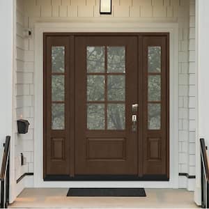 Regency 64 in. x 80 in. 3/4-6 Lite Clear Glass LH Hickory Stain Mahogany Fiberglass Prehung Front Door w/Dbl 12in.SL