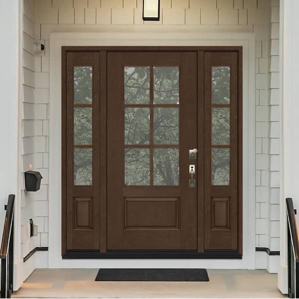 Regency 68 in. x 80 in. 3/4-6Lite Clear Glass LHIS Hickory Fiberglass Prehung Front Door w/Dbl 14in.SL & 8012BLK Lockset